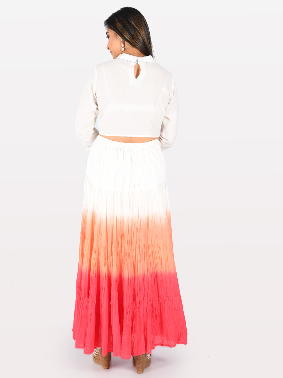 Neerus White cotton solid kurti crop top - back view