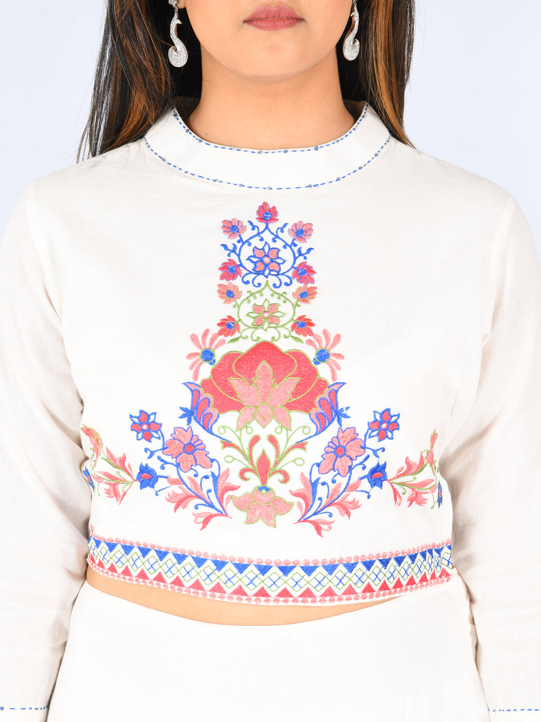 Neerus White cotton solid kurti crop top - side view