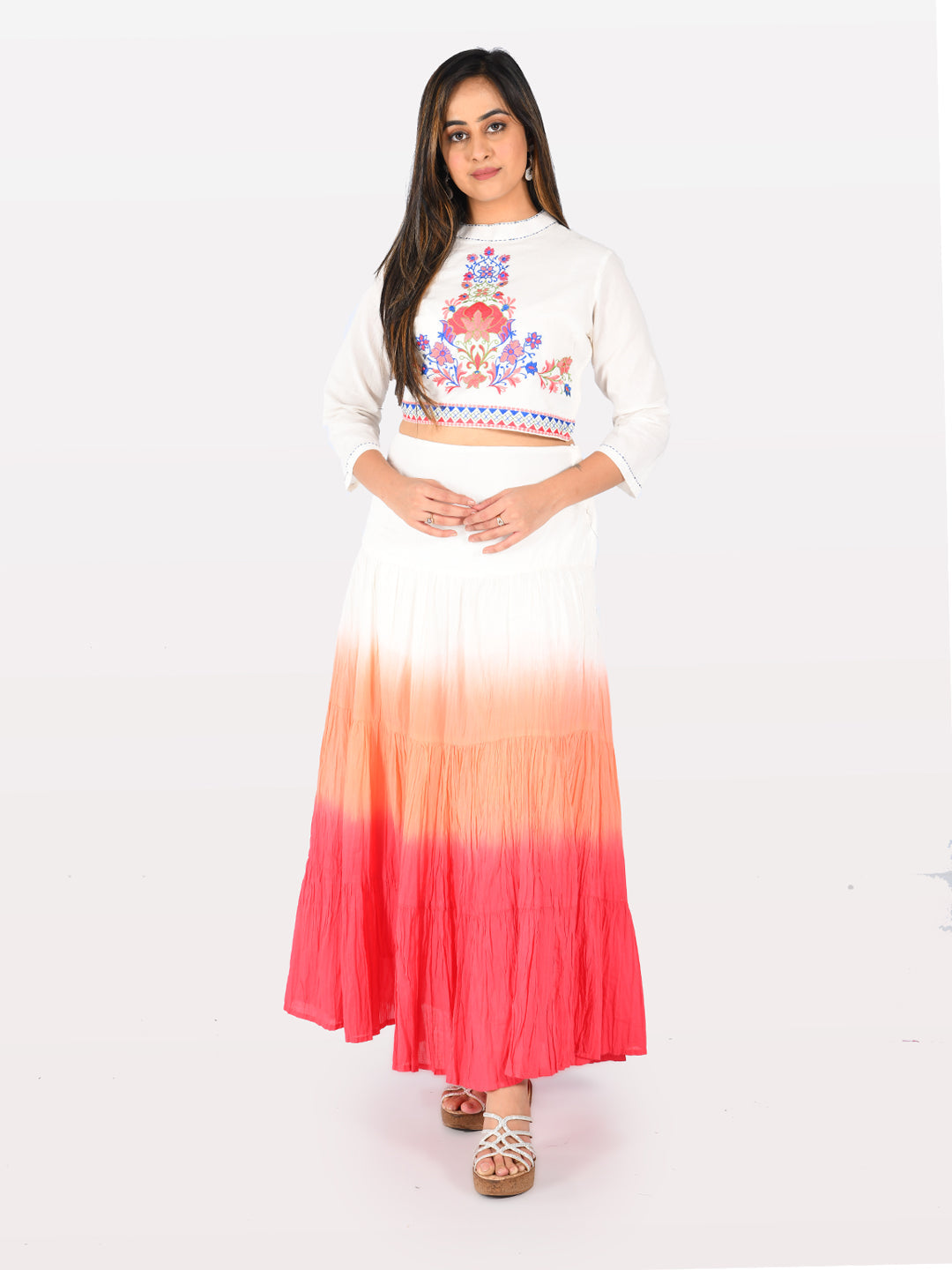 Neerus White cotton solid kurti crop top - detail view 2