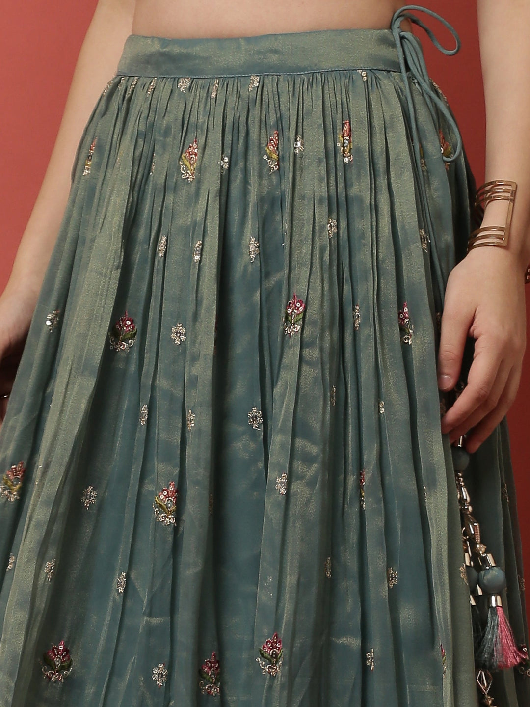 Neerus Green tissue embroidered lehenga set - detail view 5