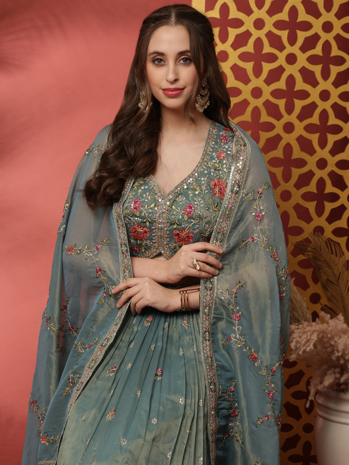 Neerus Green tissue embroidered lehenga set - detail view 4