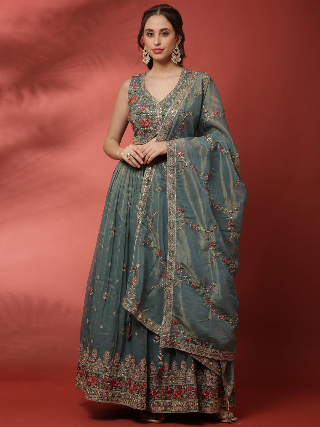 Neerus Green tissue embroidered lehenga set - back view