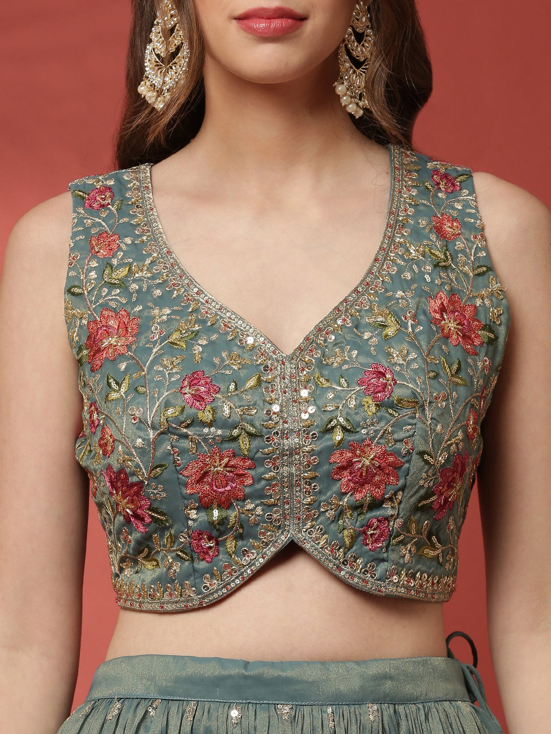 Neerus Green tissue embroidered lehenga set - detail view 2