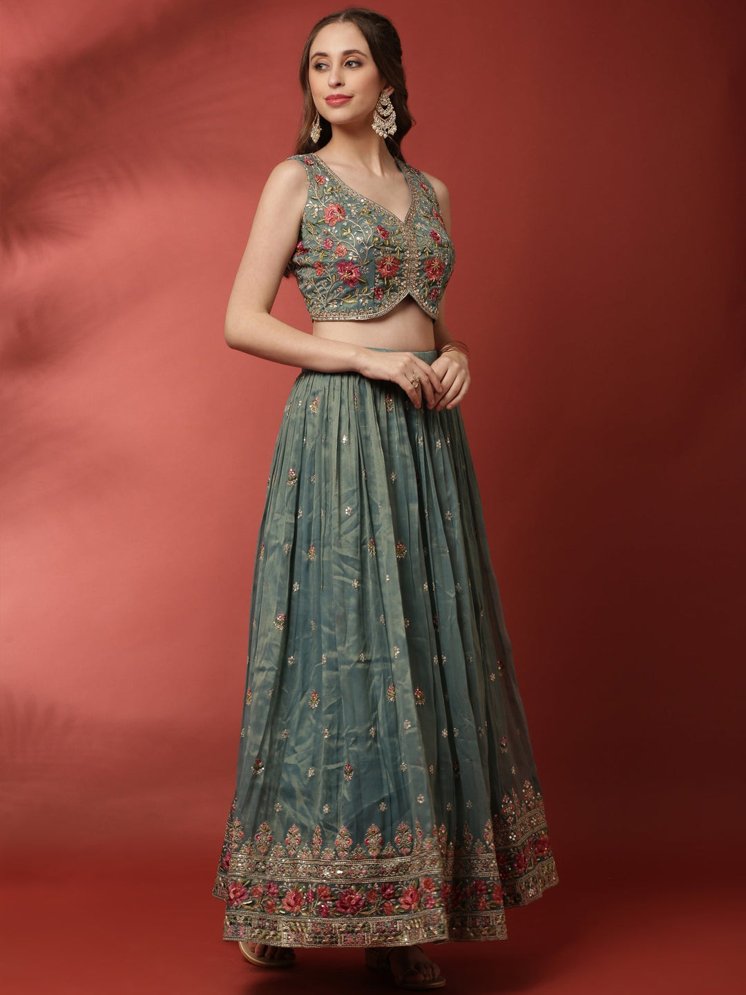 Neerus Green tissue embroidered lehenga set - side view