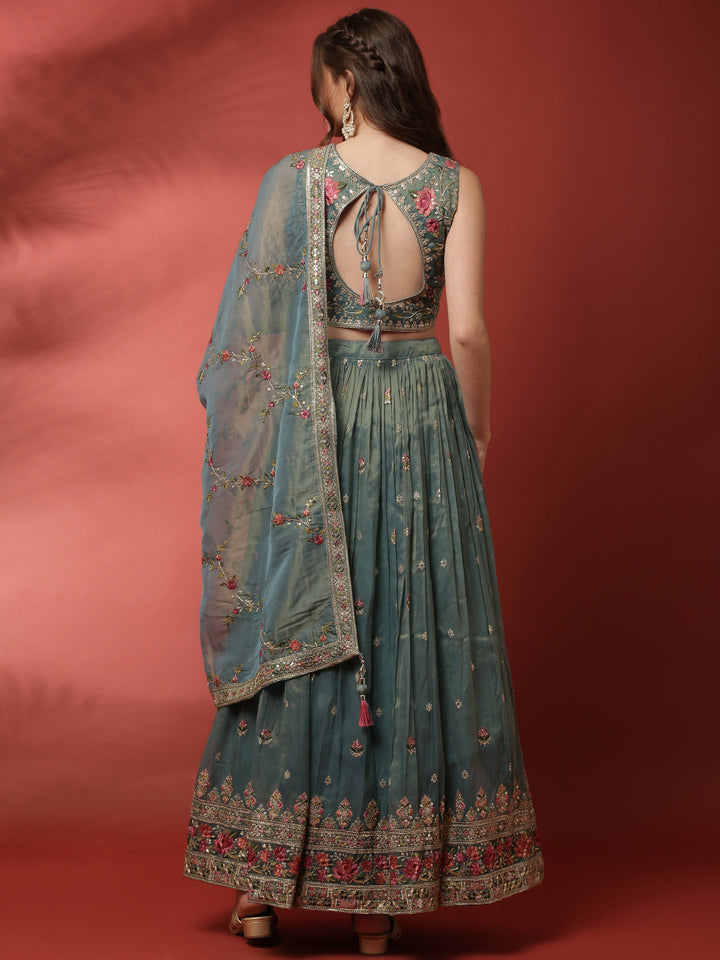 Neerus Green tissue embroidered lehenga set - detail view 1