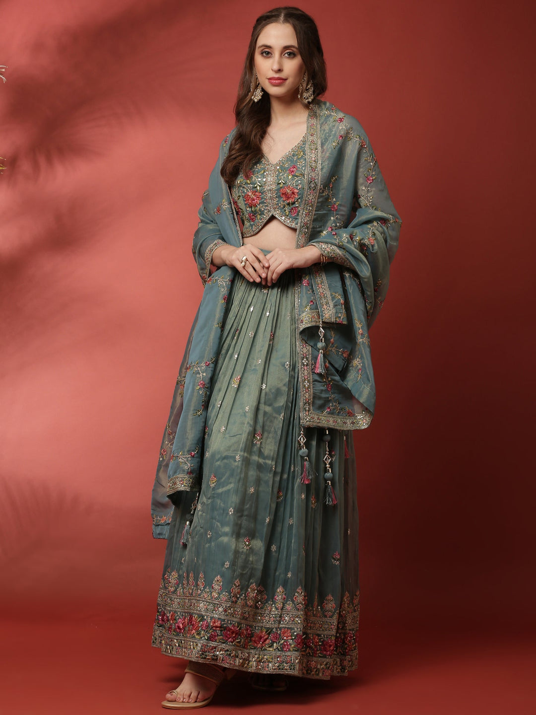 Neerus Green tissue embroidered lehenga set - detail view 3
