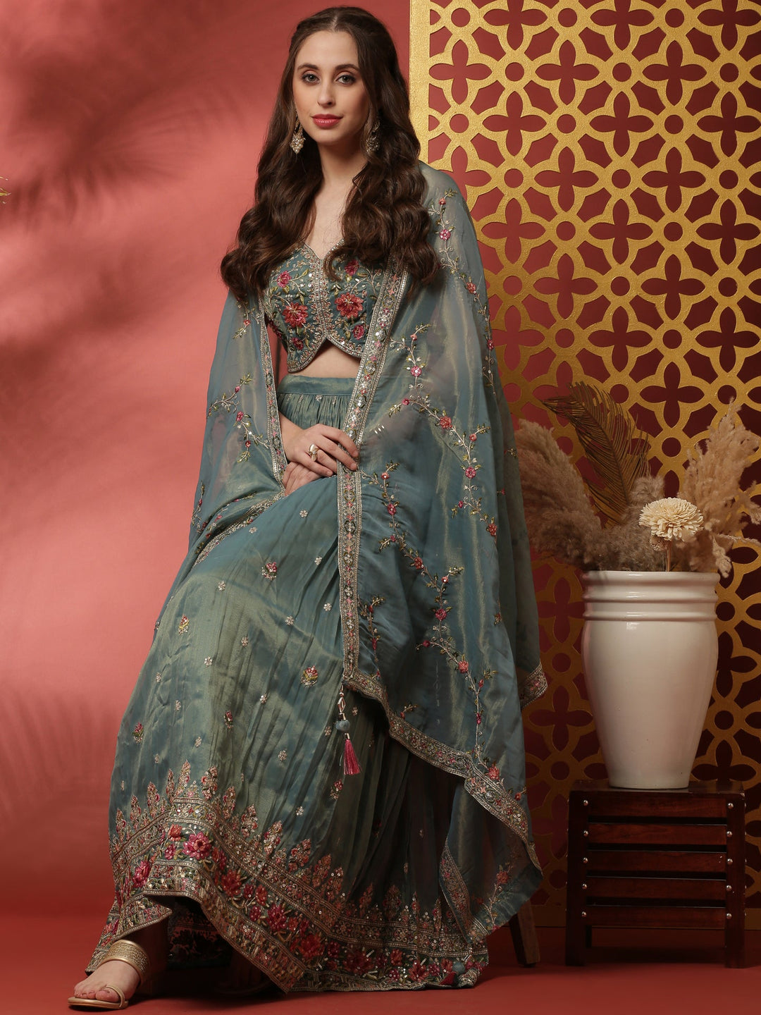 Neerus Green tissue embroidered lehenga set - front view