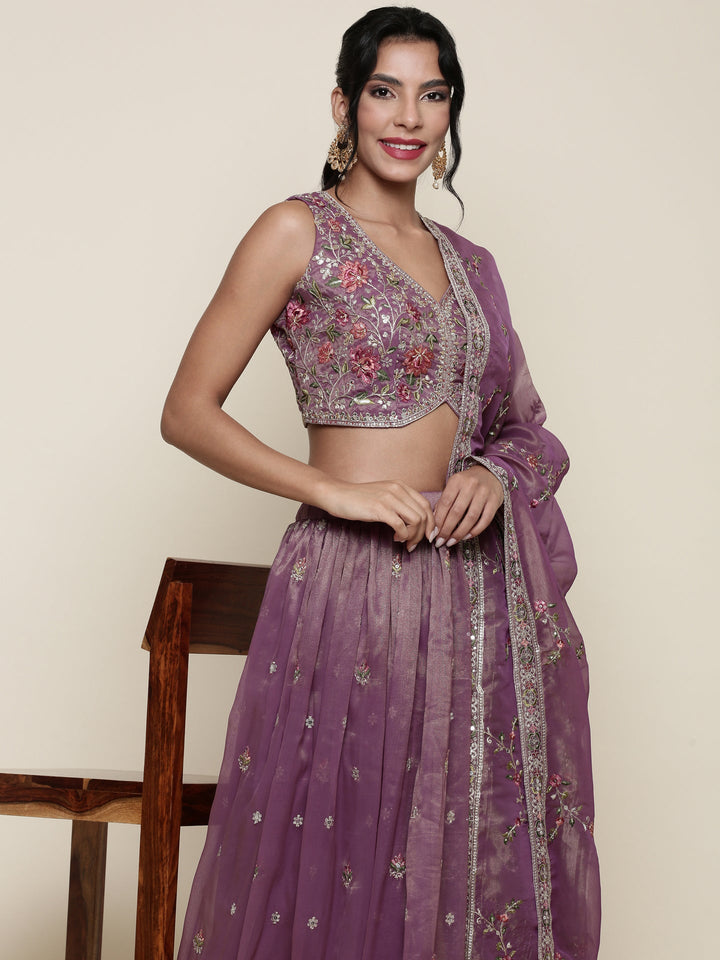 Neerus Purple tissue embroidered lehenga ghagra set - back view