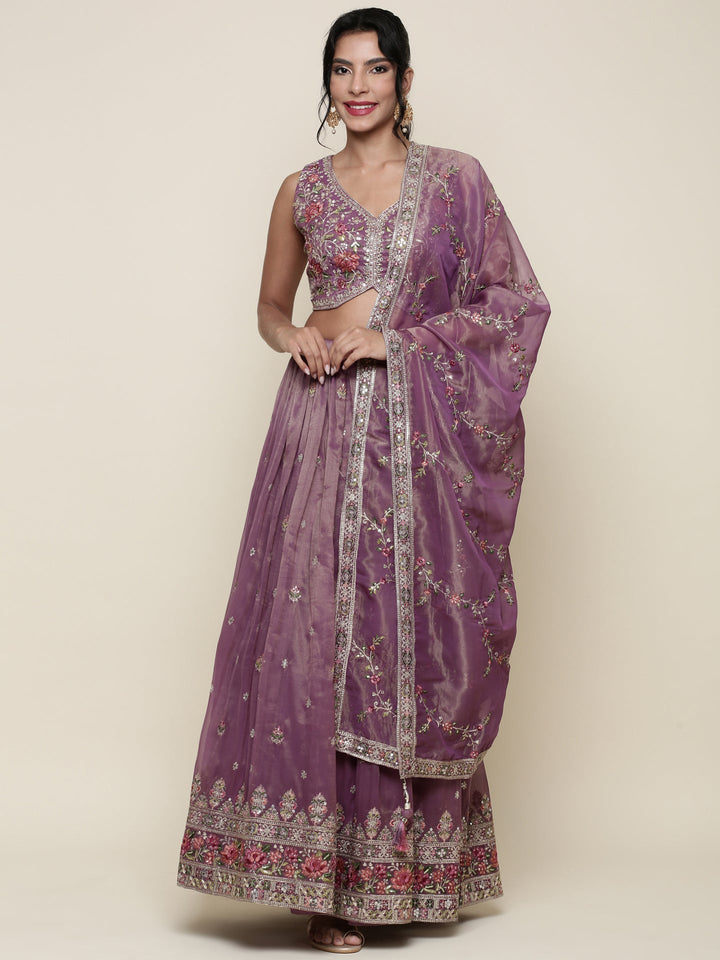 Neerus Purple tissue embroidered lehenga ghagra set - front view