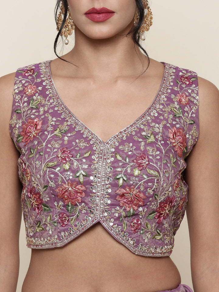 Neerus Purple tissue embroidered lehenga ghagra set - detail view 2