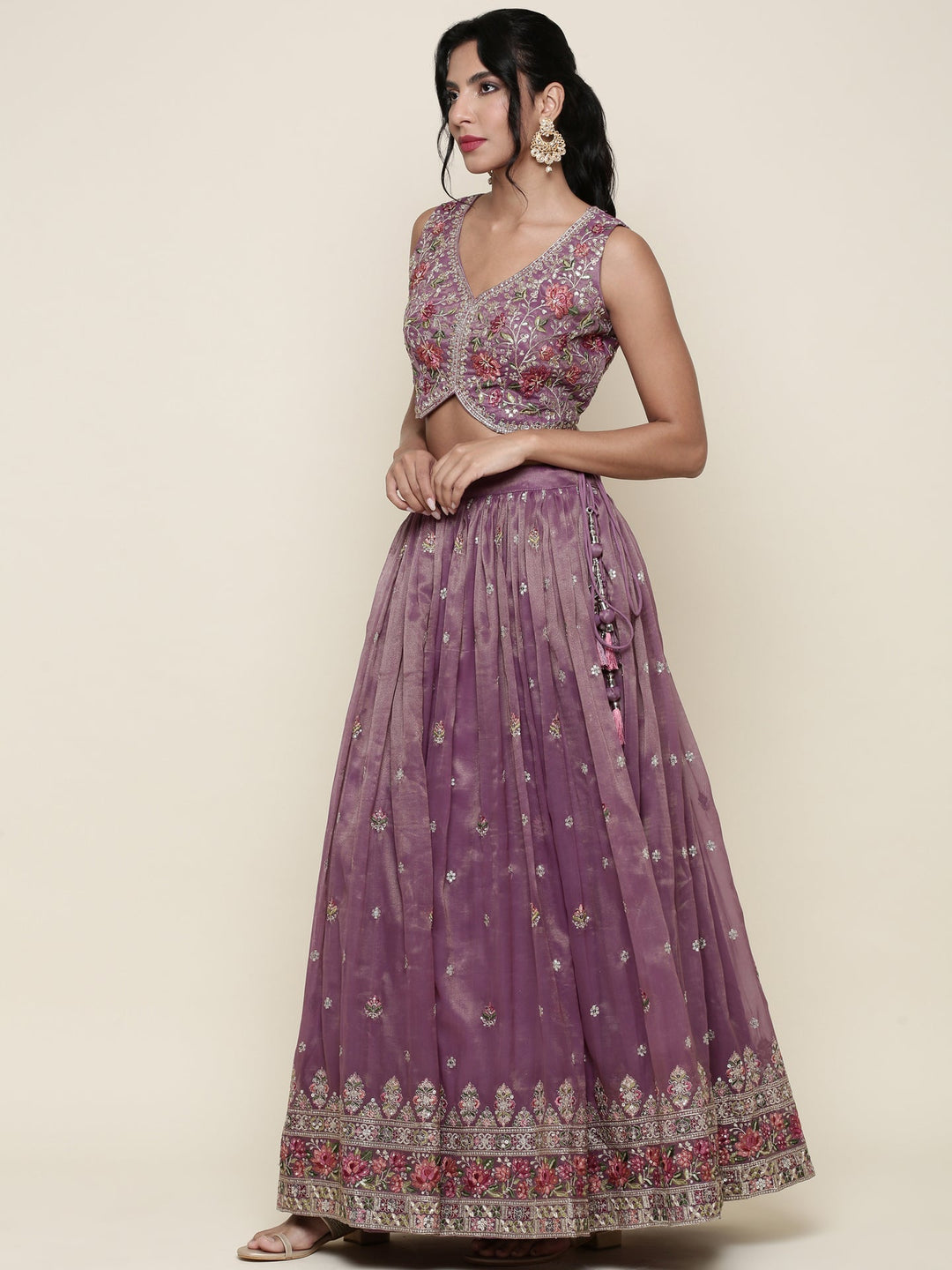 Neerus Purple tissue embroidered lehenga ghagra set - side view