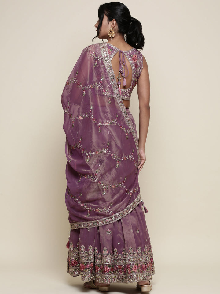Neerus Purple tissue embroidered lehenga ghagra set - detail view 1