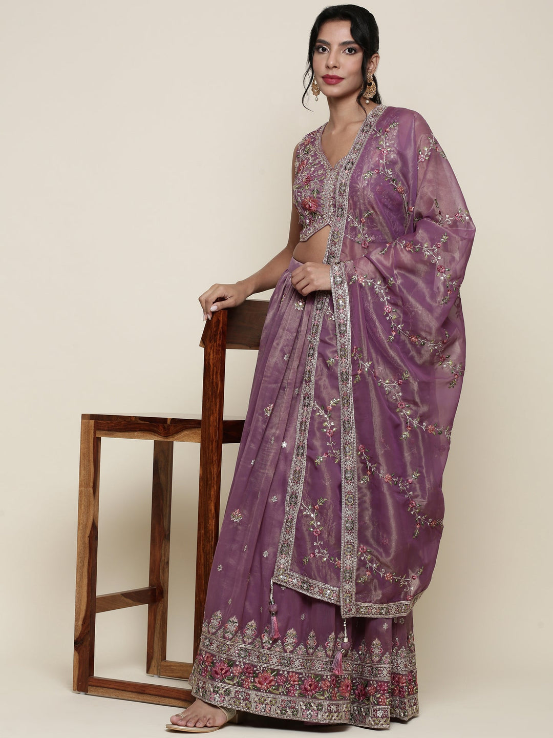 Neerus Purple tissue embroidered lehenga ghagra set - detail view 3