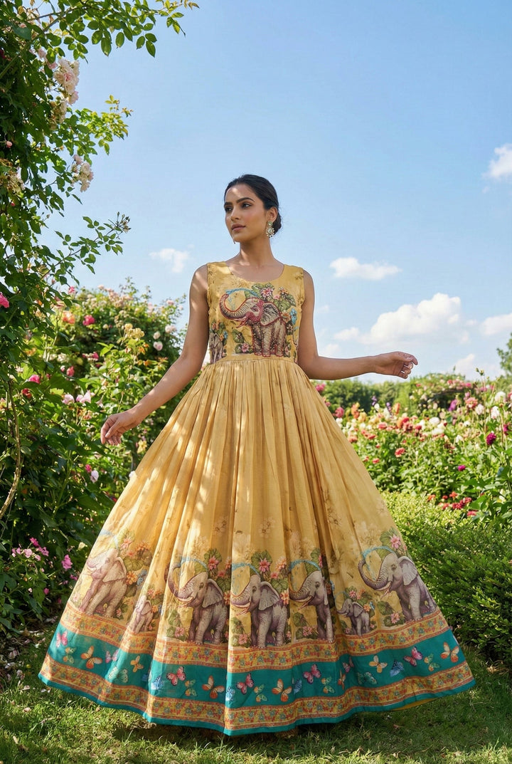 Neerus Yellow polyester digital printed dress - front view