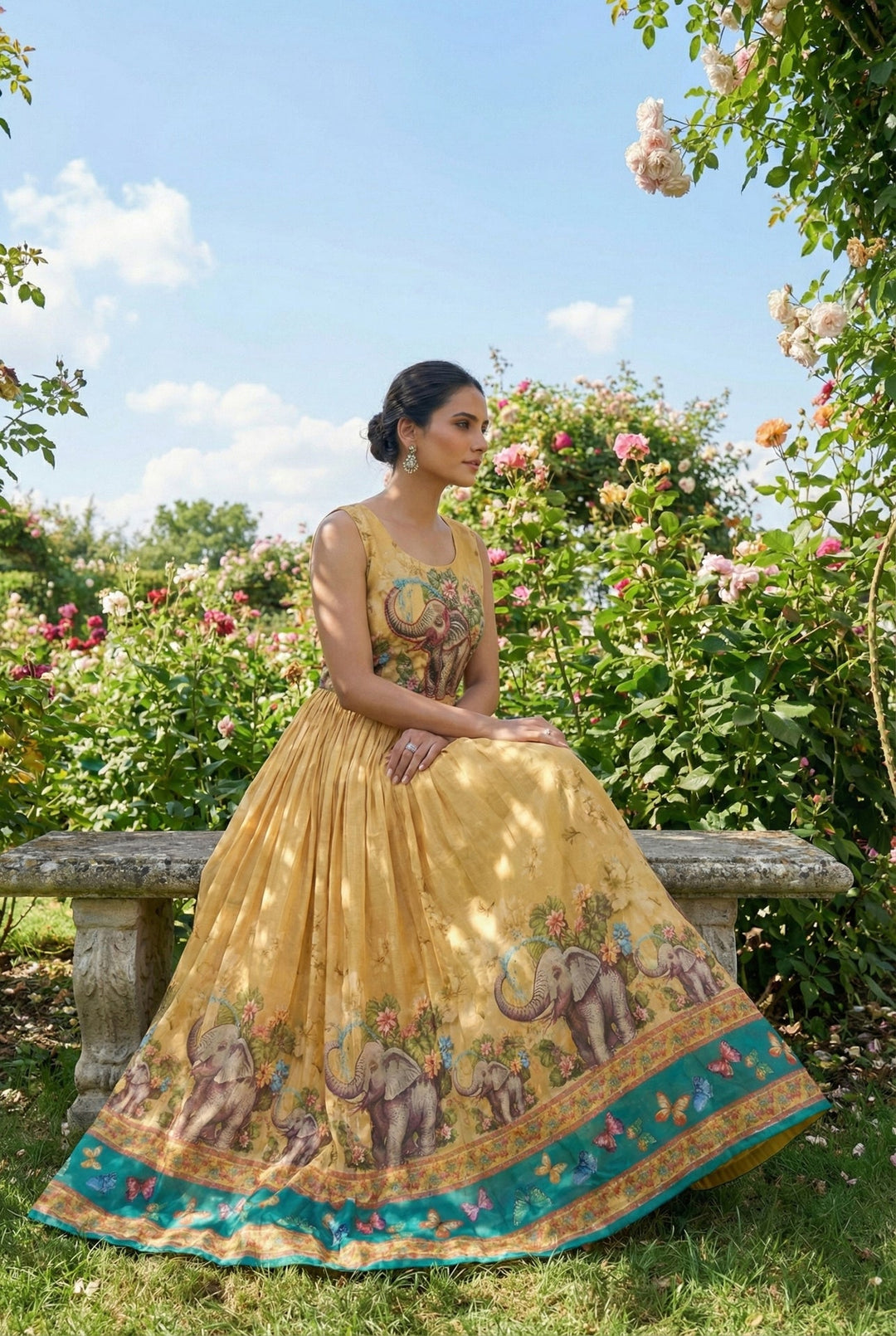 Neerus Yellow polyester digital printed dress - back view