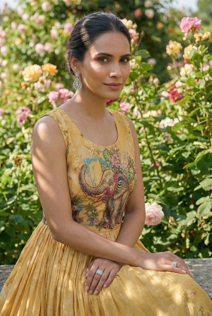 Neerus Yellow polyester digital printed dress - side view