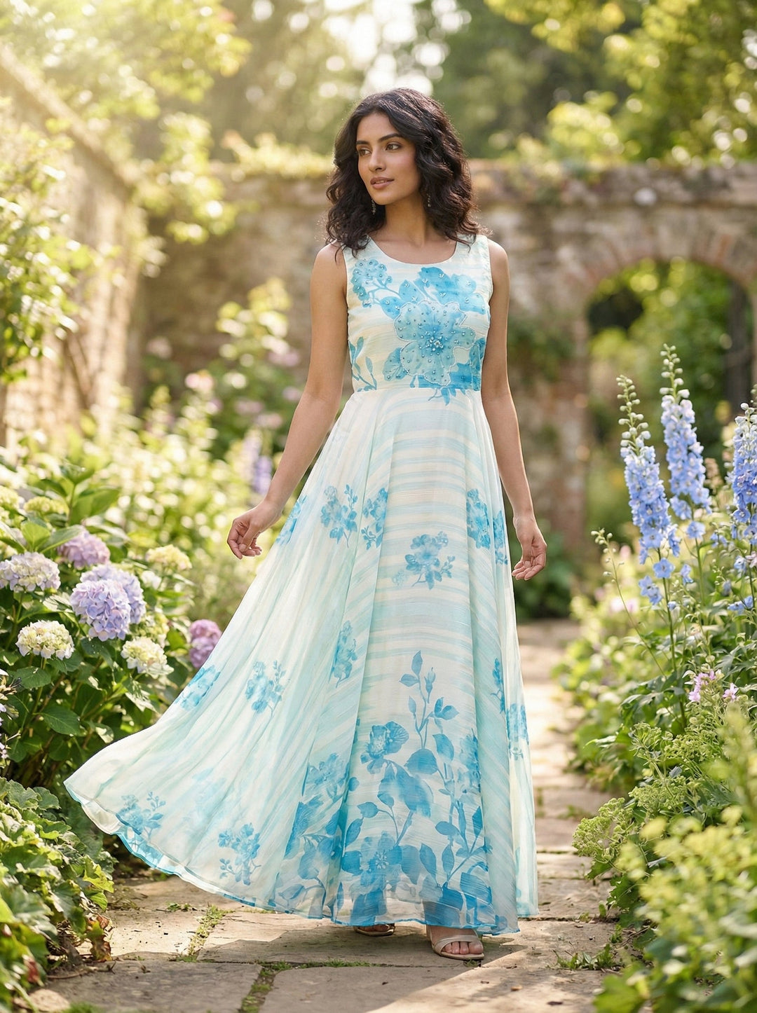 Neerus White Georgette Digital Printed Maxi Dress - front view