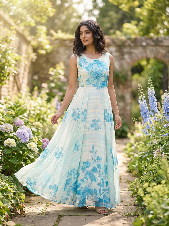 Neerus White Georgette Digital Printed Maxi Dress - front view