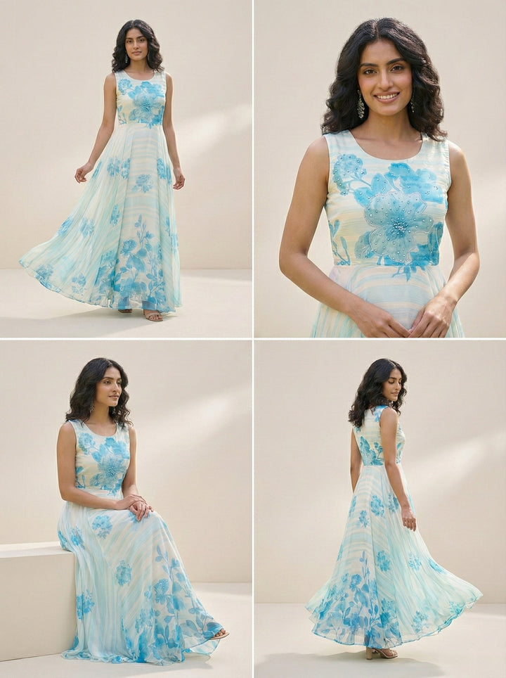 Off White Georgette Floral Digital Print Long Dress