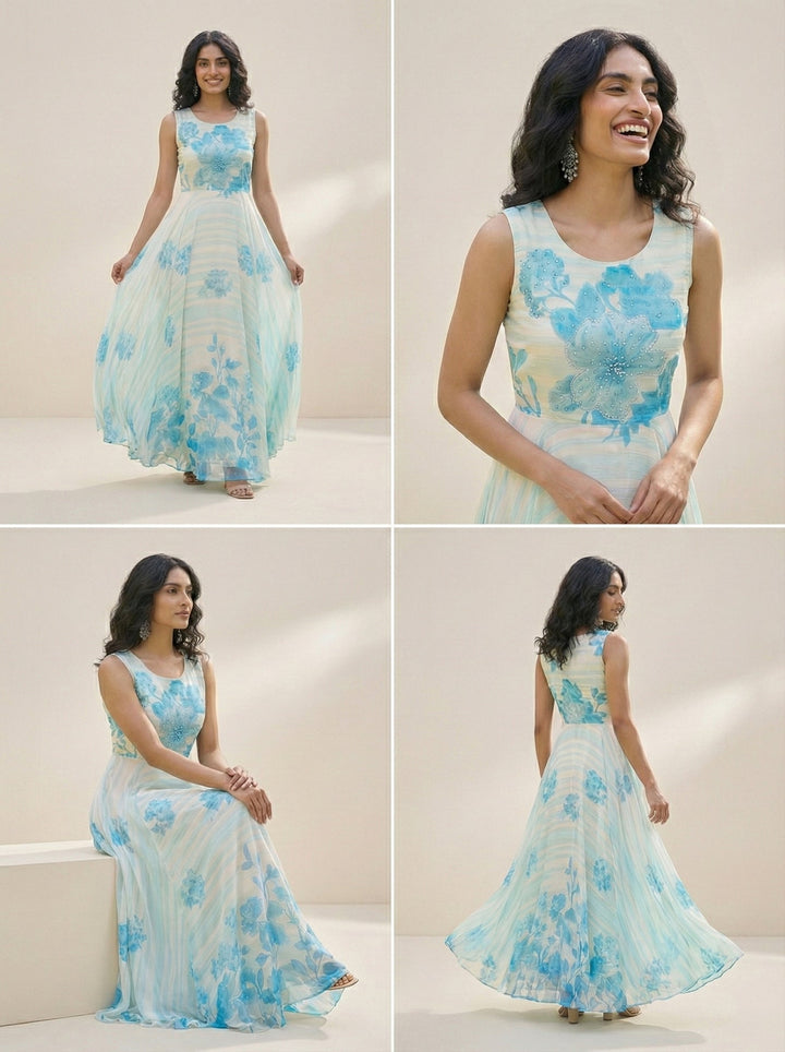 Off White Georgette Floral Digital Print Long Dress