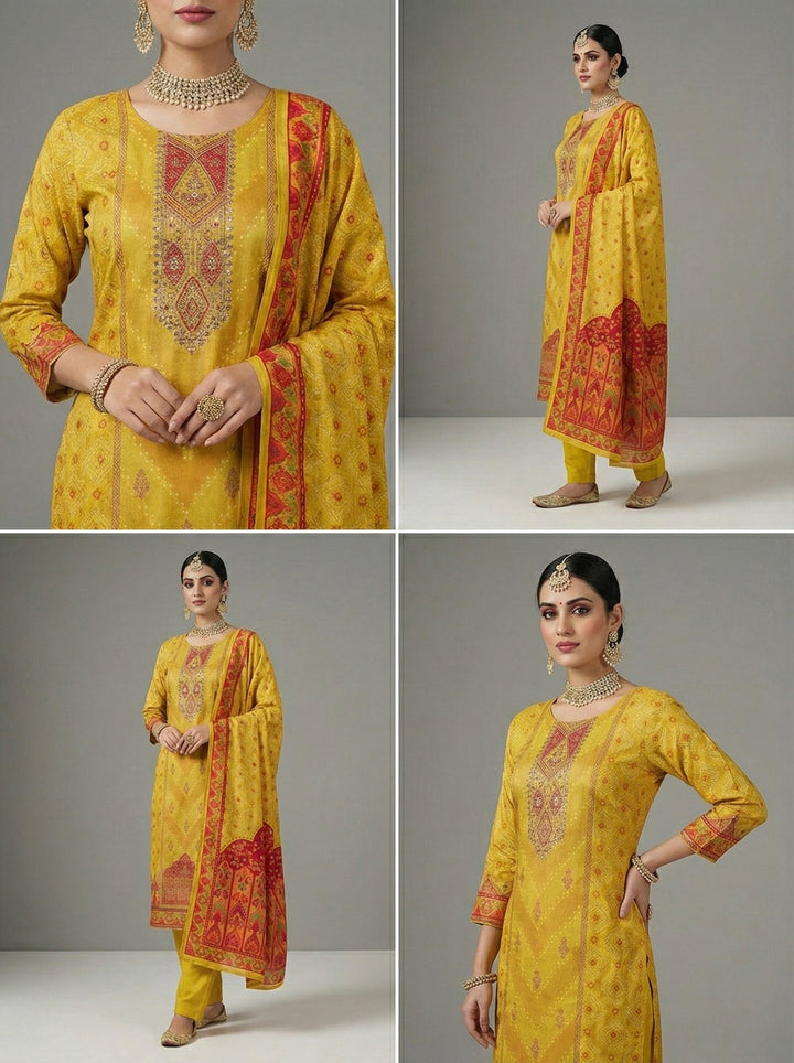 Mustard Muslin Digital Print Three Piece Set