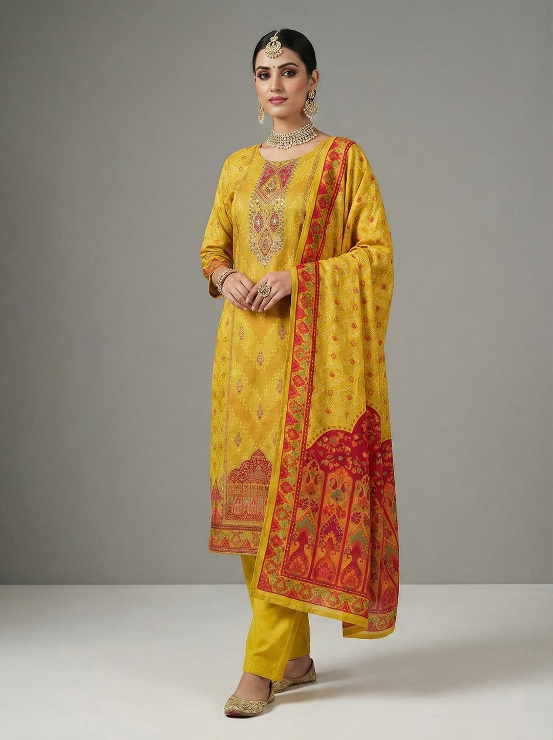 Neerus Yellow muslin digital printed suit set - front view