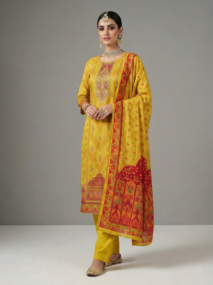 Neerus Yellow muslin digital printed suit set - back view