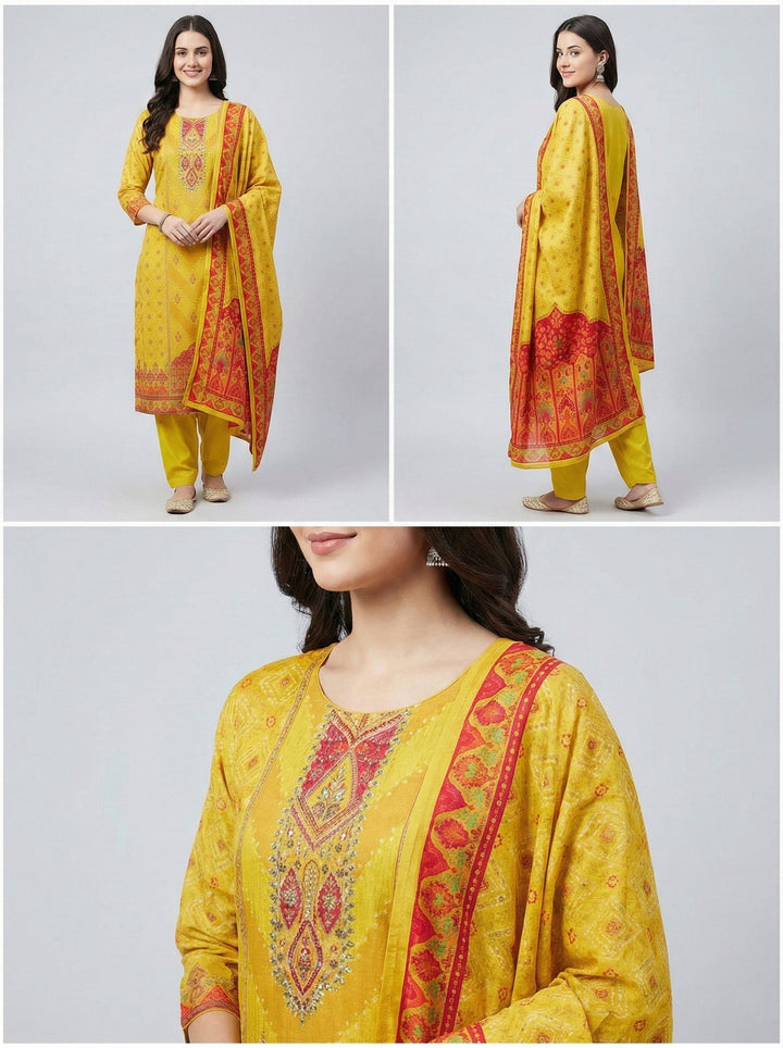 Neerus Yellow muslin digital printed suit set - detail view 2