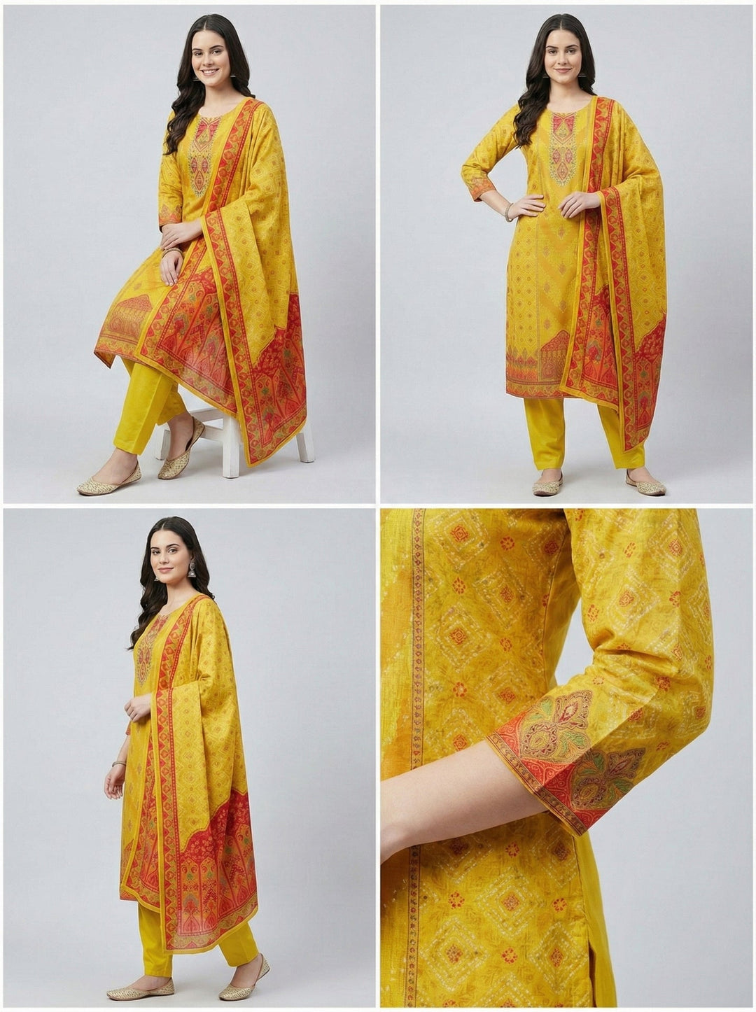 Neerus Yellow muslin digital printed suit set - detail view 3