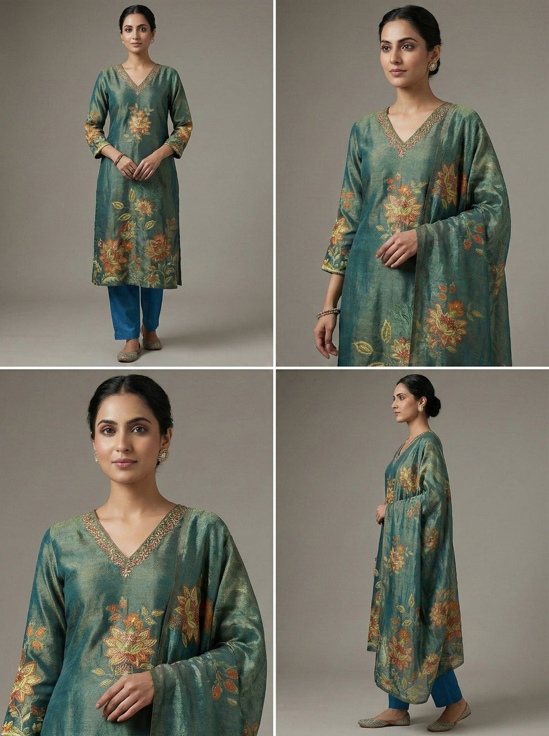 Neerus Green tissue printed suit set - back view