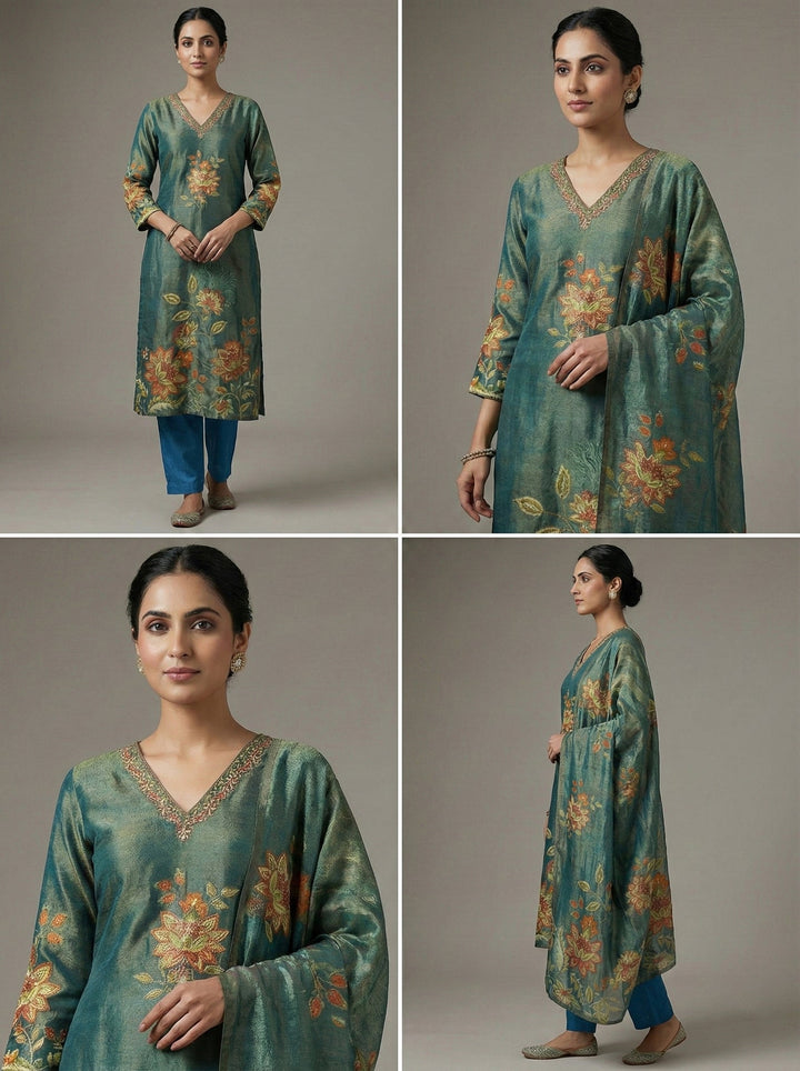 Neerus Green tissue printed suit set - back view