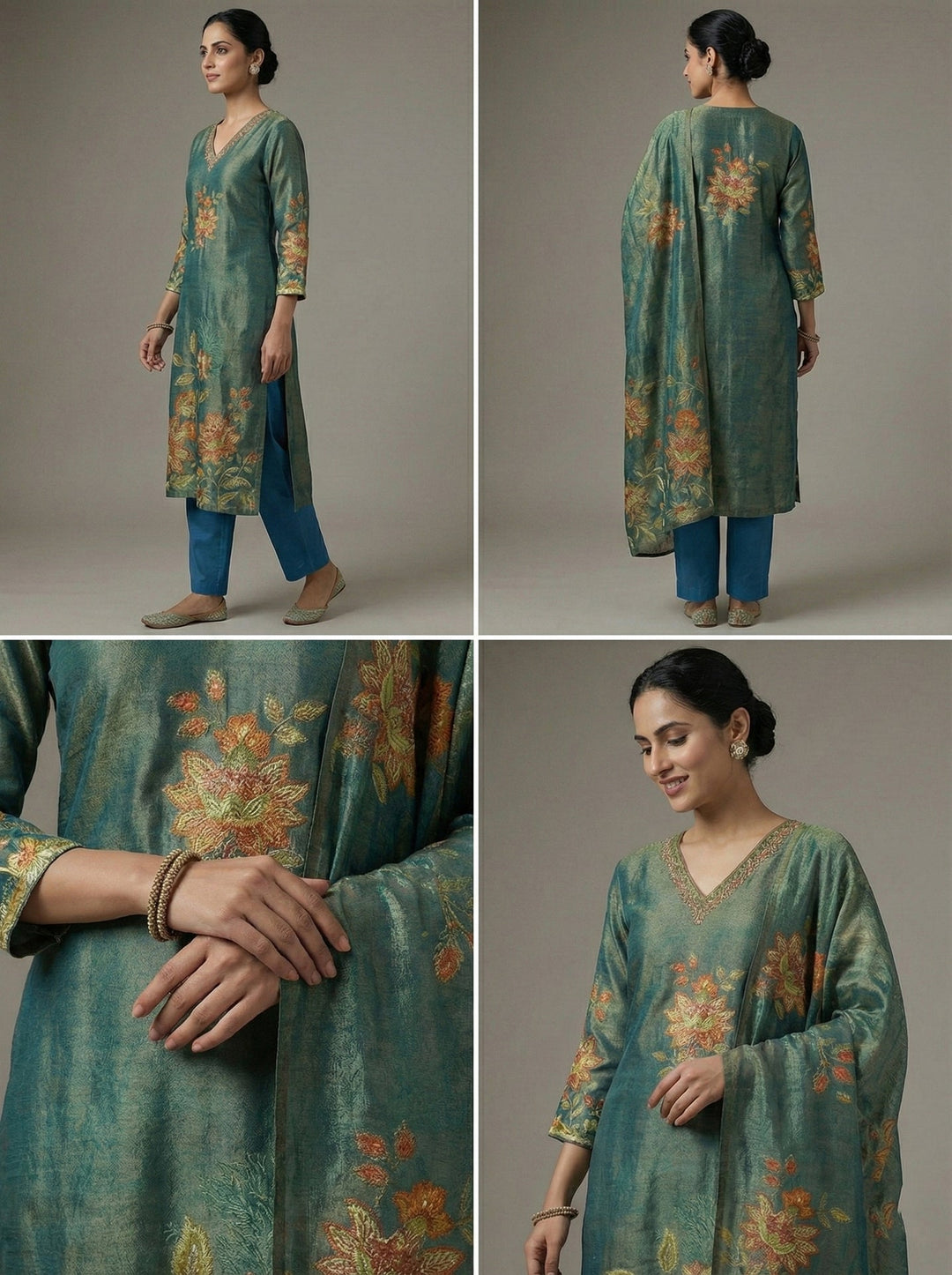 Neerus Green tissue printed suit set - side view