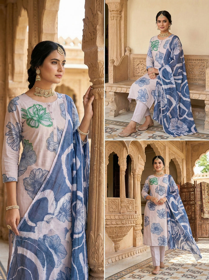 Off White Viscose Floral Printed Three Piece Set