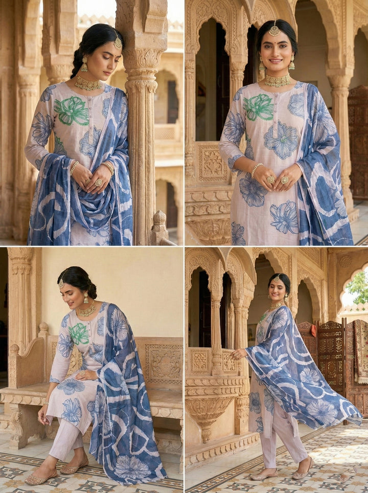 Off White Viscose Floral Printed Three Piece Set