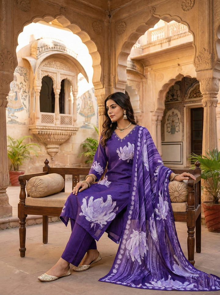 Purple Muslin Floral Printed Three Piece Set