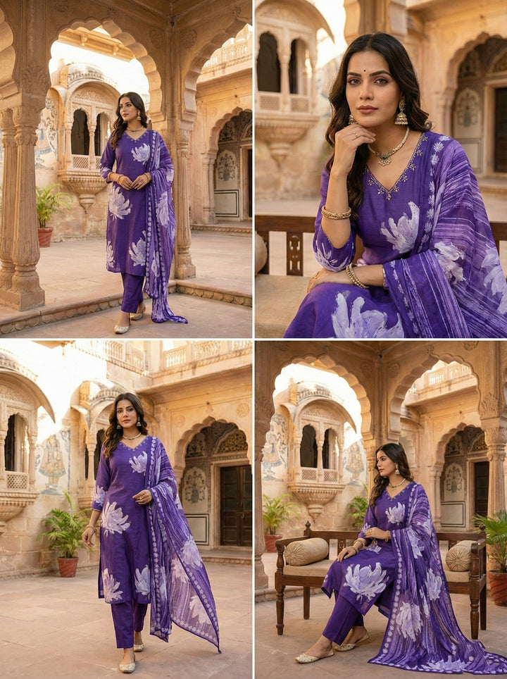 Purple Muslin Floral Printed Three Piece Set