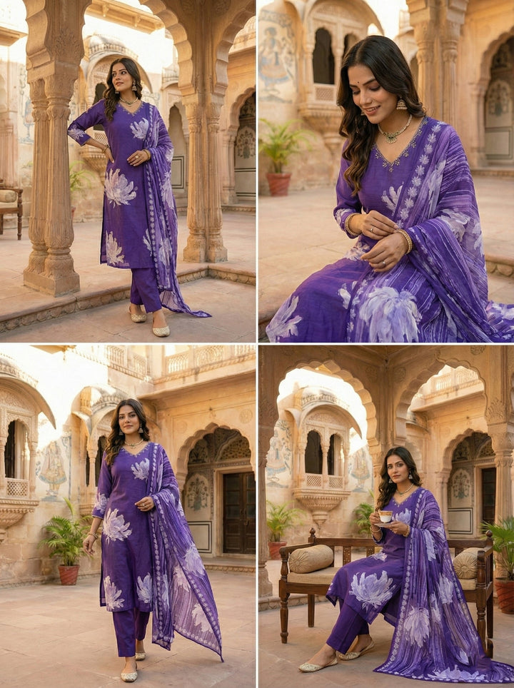 Purple Muslin Floral Printed Three Piece Set