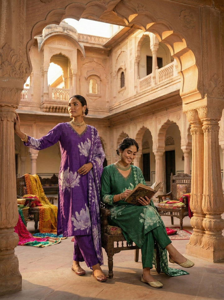 Purple Muslin Floral Printed Three Piece Set