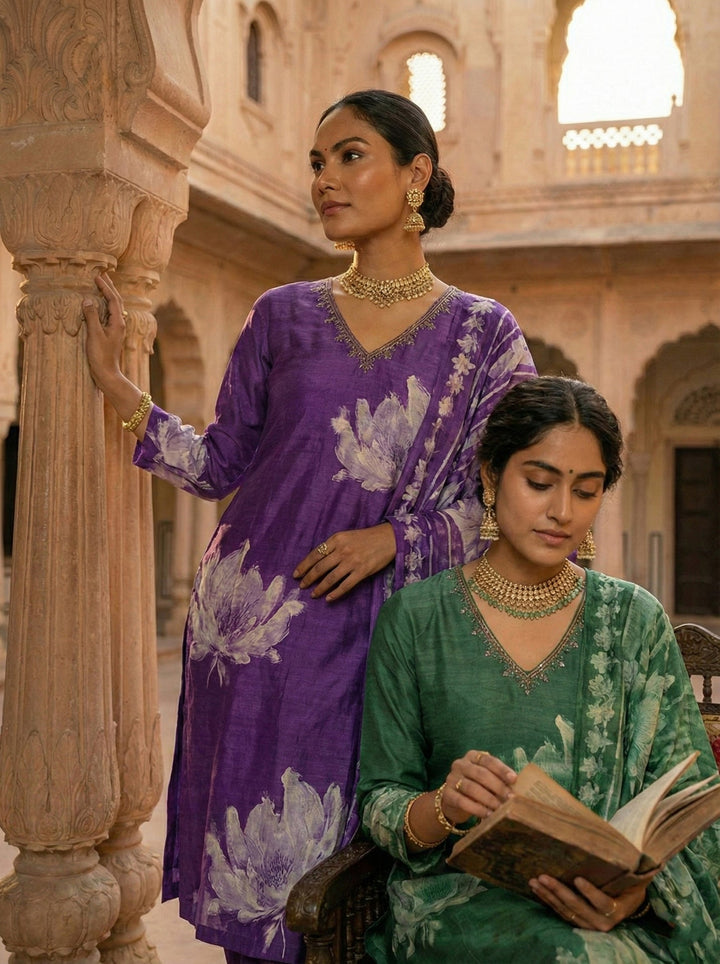 Purple Muslin Floral Printed Three Piece Set