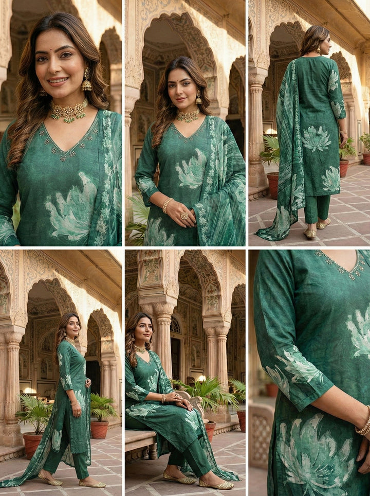 Neerus Green muslin printed suit set - detail view 1