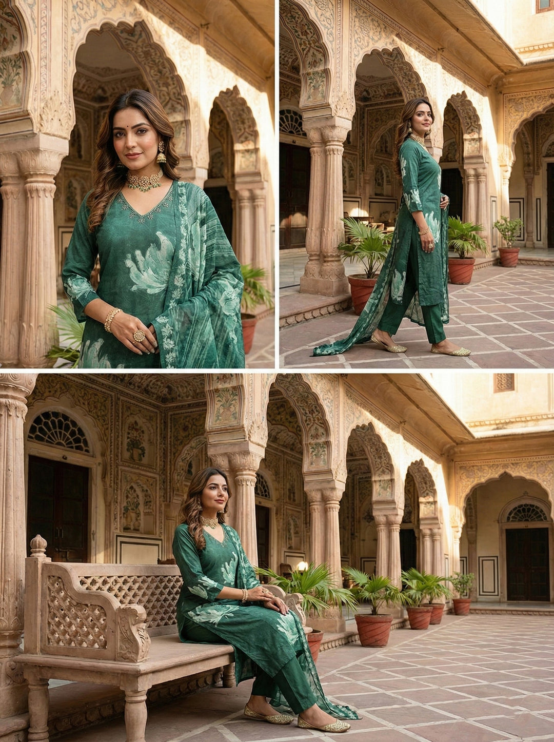 Neerus Green muslin printed suit set - detail view 2
