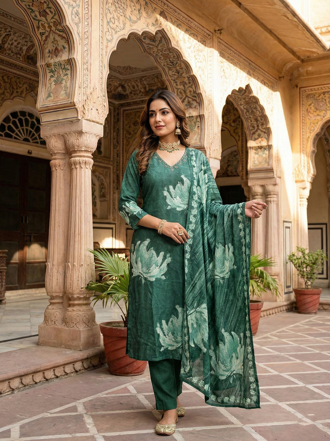 Neerus Green muslin printed suit set - front view