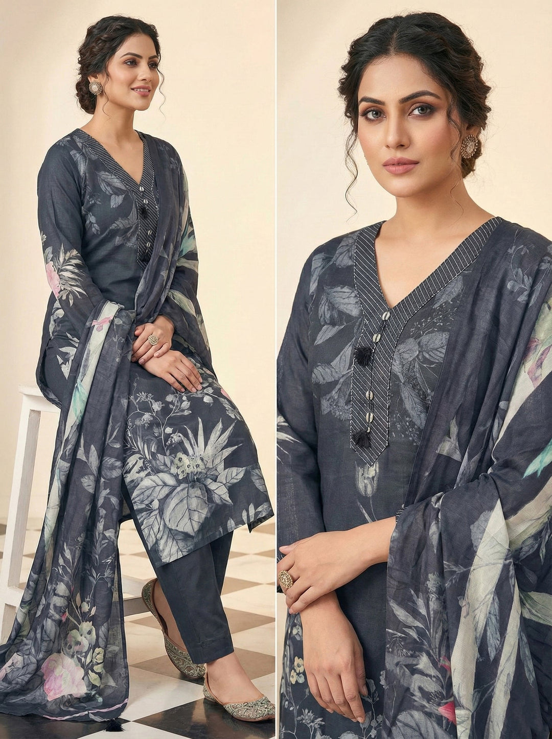 Neerus Black muslin printed suit set - side view