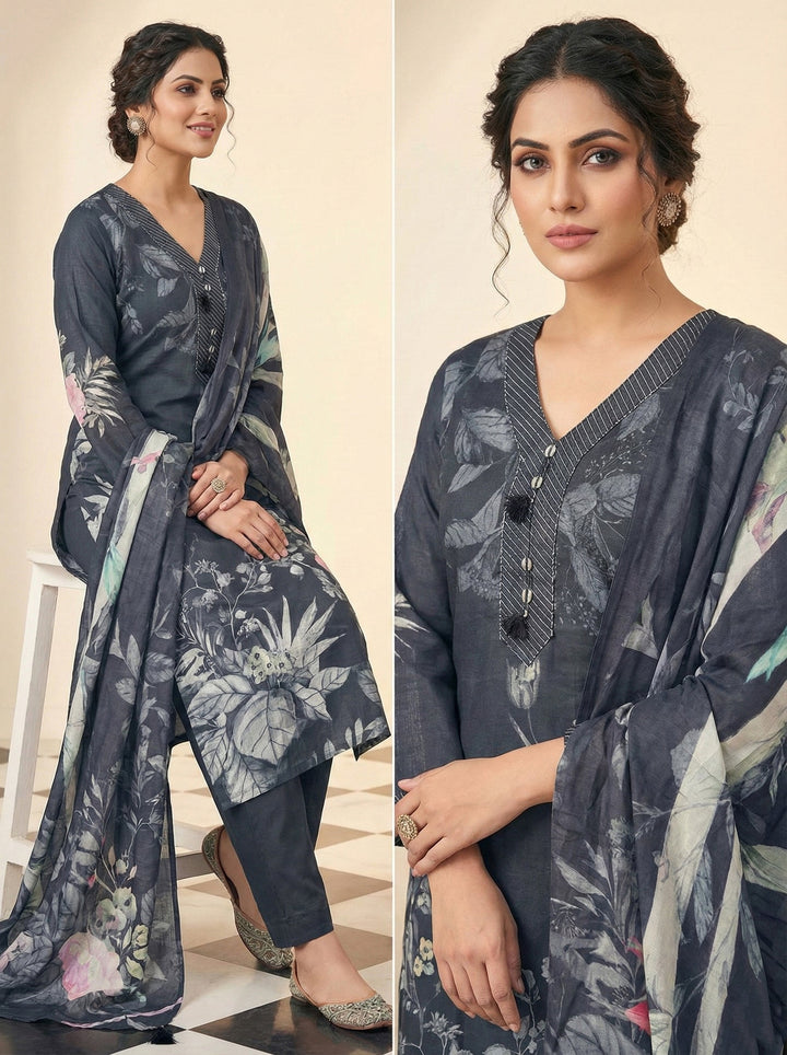 Neerus Black muslin printed suit set - side view