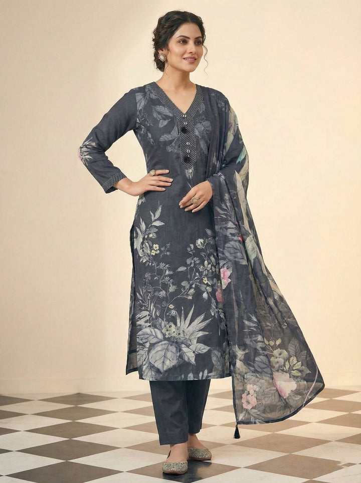 Neerus Black muslin printed suit set - detail view 1