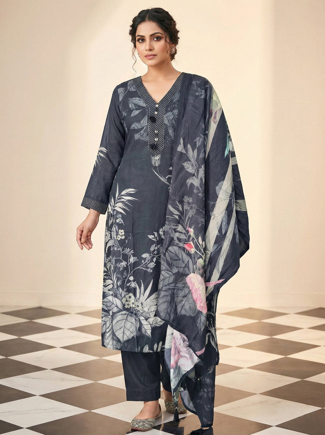 Neerus Black muslin printed suit set - front view