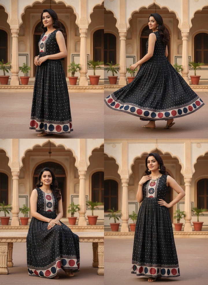 Neerus Black Georgette Printed Maxi Dress - back view