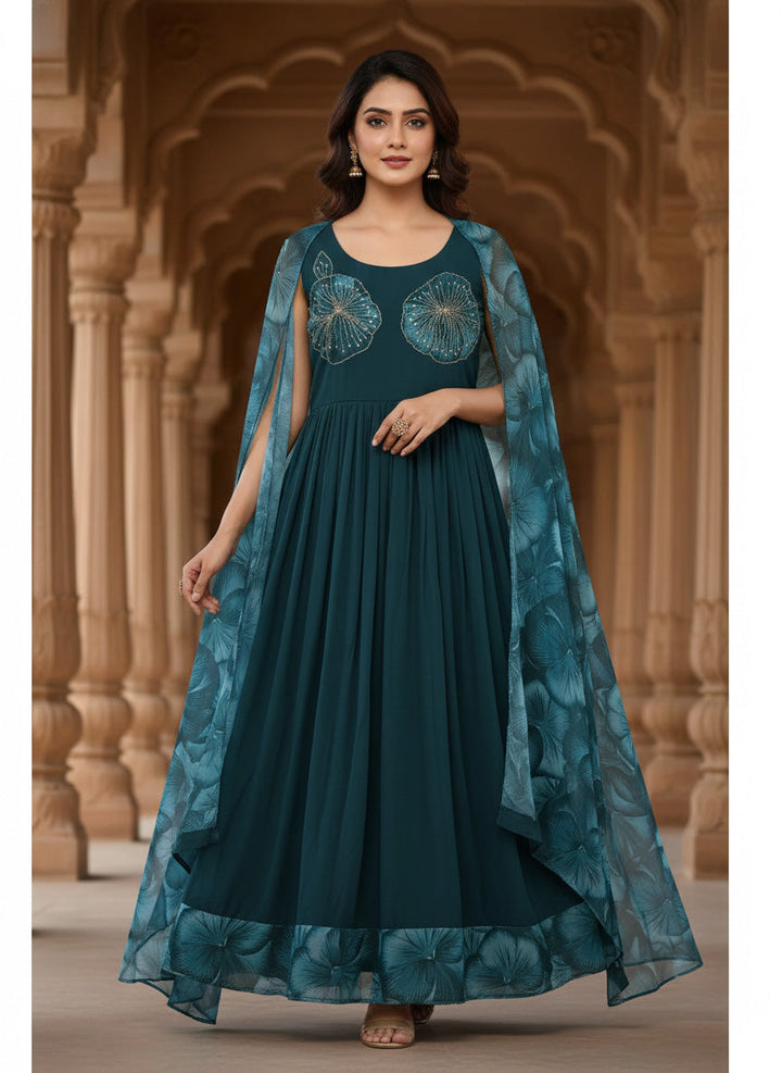 Peacock Georgette Floral Printed Long Dress