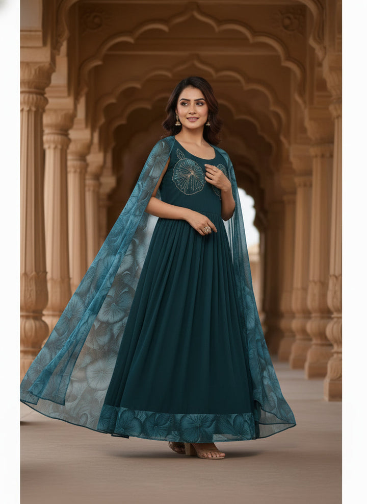 Peacock Georgette Floral Printed Long Dress