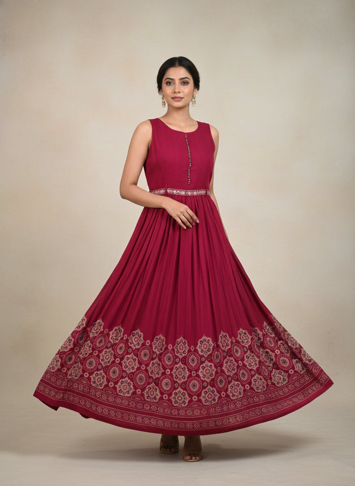 Maroon Georgette Digital Print Long Dress
